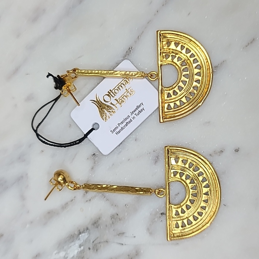Ottoman Hands Tribal Drop Dangle Half Moon Post Earrings in Gold Tone Metal NWT
